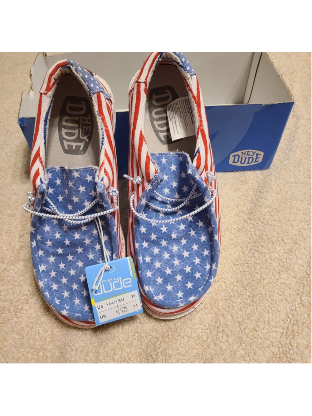 NEW Hey Dude Wally Stars Stripes Size 7 Women Youth 6 Casual Slip On Shoes USA